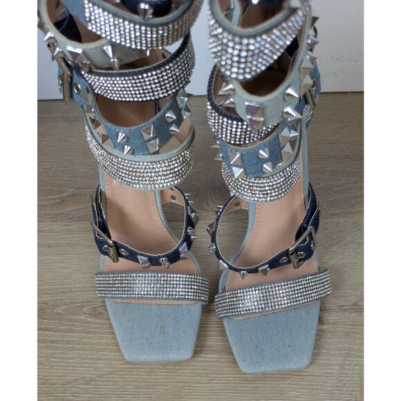 Azalea Wang Trace Heels 6 Denim Strappy Mid Calf Silver Studded Rhinestone NEW - Picture 7 of 12
